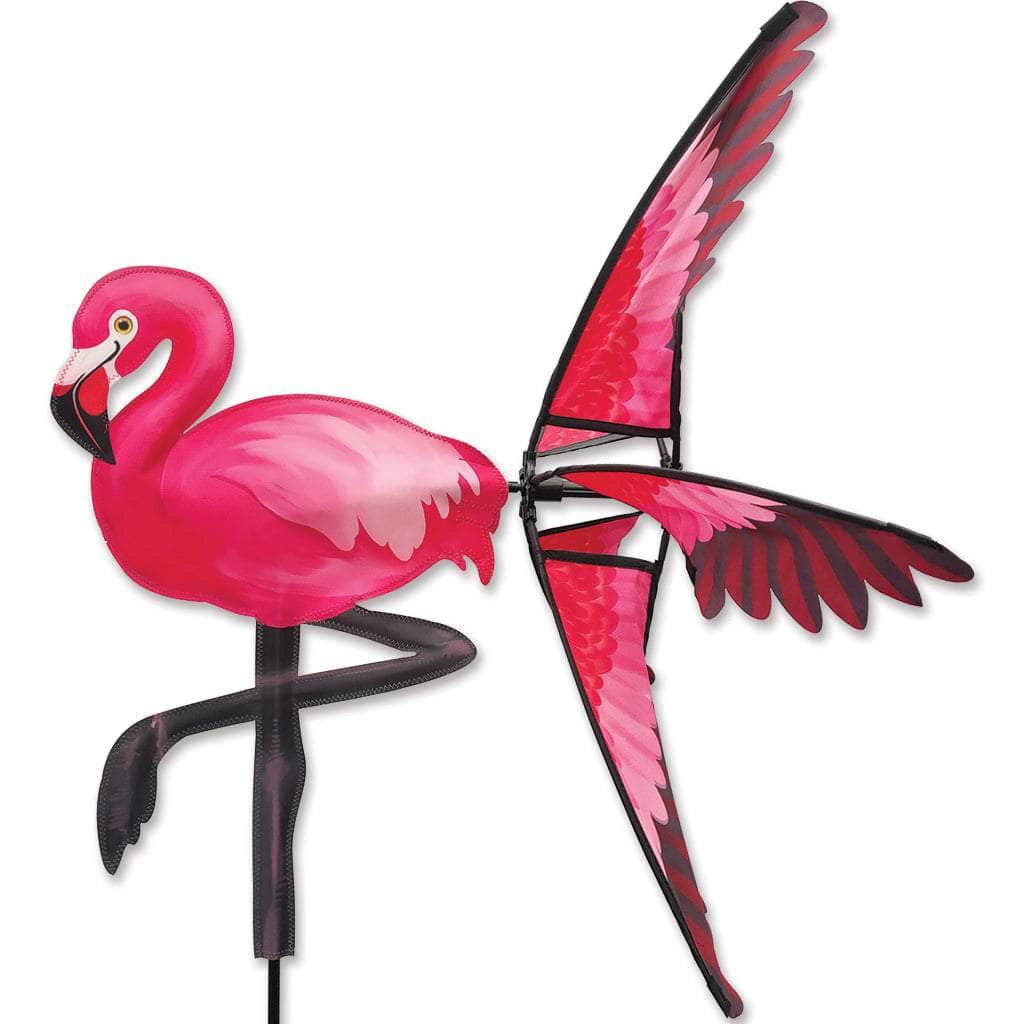 Pink flamingo garden spinner with oversized rotating wings and vibrant applique, perfect for bright and breezy outdoor decoration.