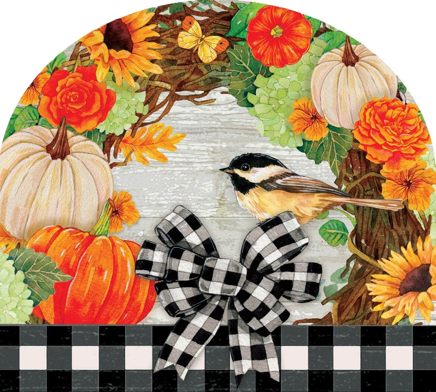 Pumpkin Wreath-Arbor Mate panel featuring a wreath made of pumpkins and fall accents, crafted from durable PVC to bring autumn beauty and charm to your outdoor decor.