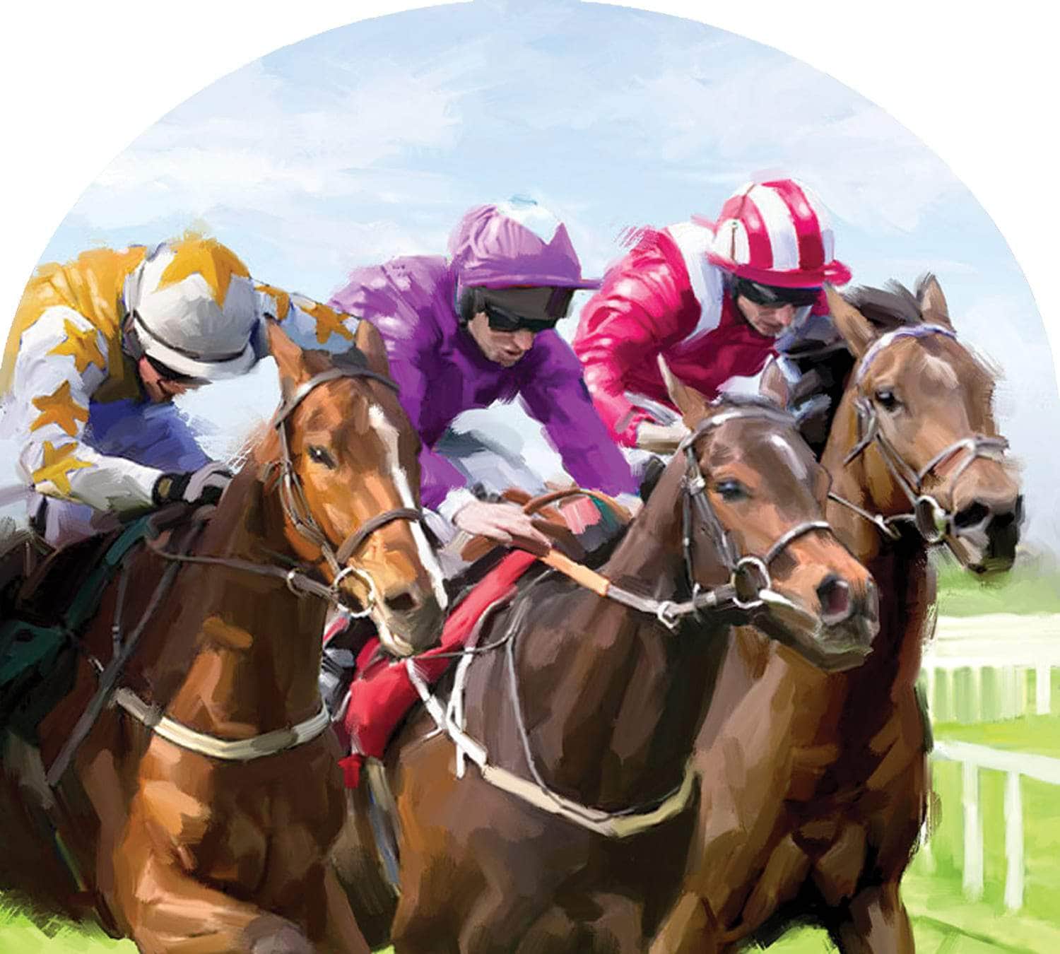 Race Horses-Arbor Mate panel featuring powerful racehorses, crafted from durable PVC to bring excitement and energy to your outdoor decor.