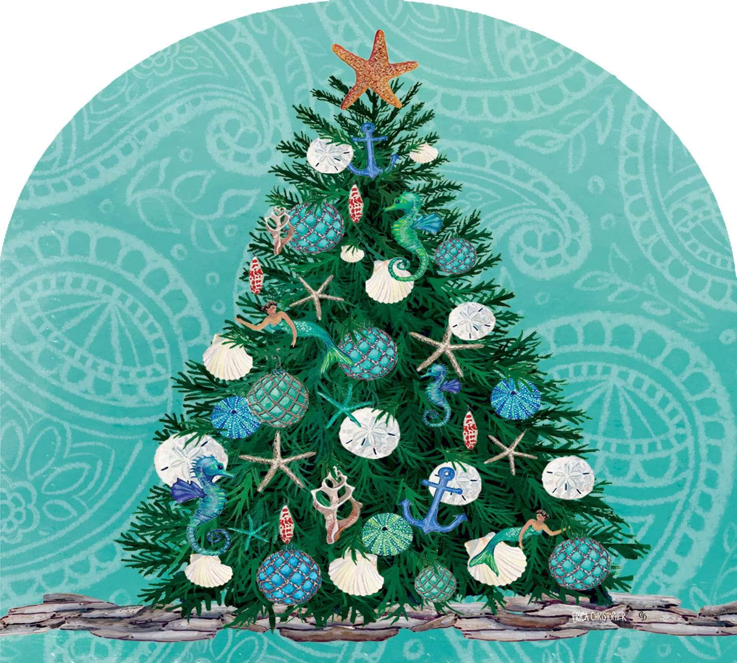 Seas and Greetings-Arbor Mate panel featuring the phrase "Seas and Greetings" with seashells and starfish, crafted from durable PVC to bring a beachy touch to your outdoor decor.