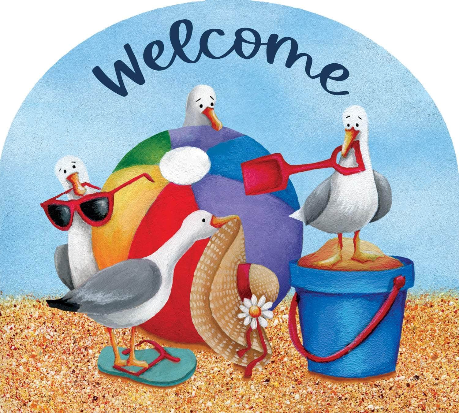 Silly Sea Gulls-Arbor Mate panel featuring playful seagulls on the beach, crafted from durable PVC to bring lighthearted charm and coastal beauty to your outdoor decor.
