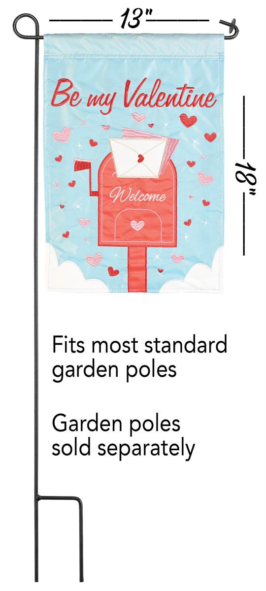 Welcome Hearts 13x18 double-sided garden flag with fabric appliques and embroidery, crafted from weatherproof polyester for outdoor display.