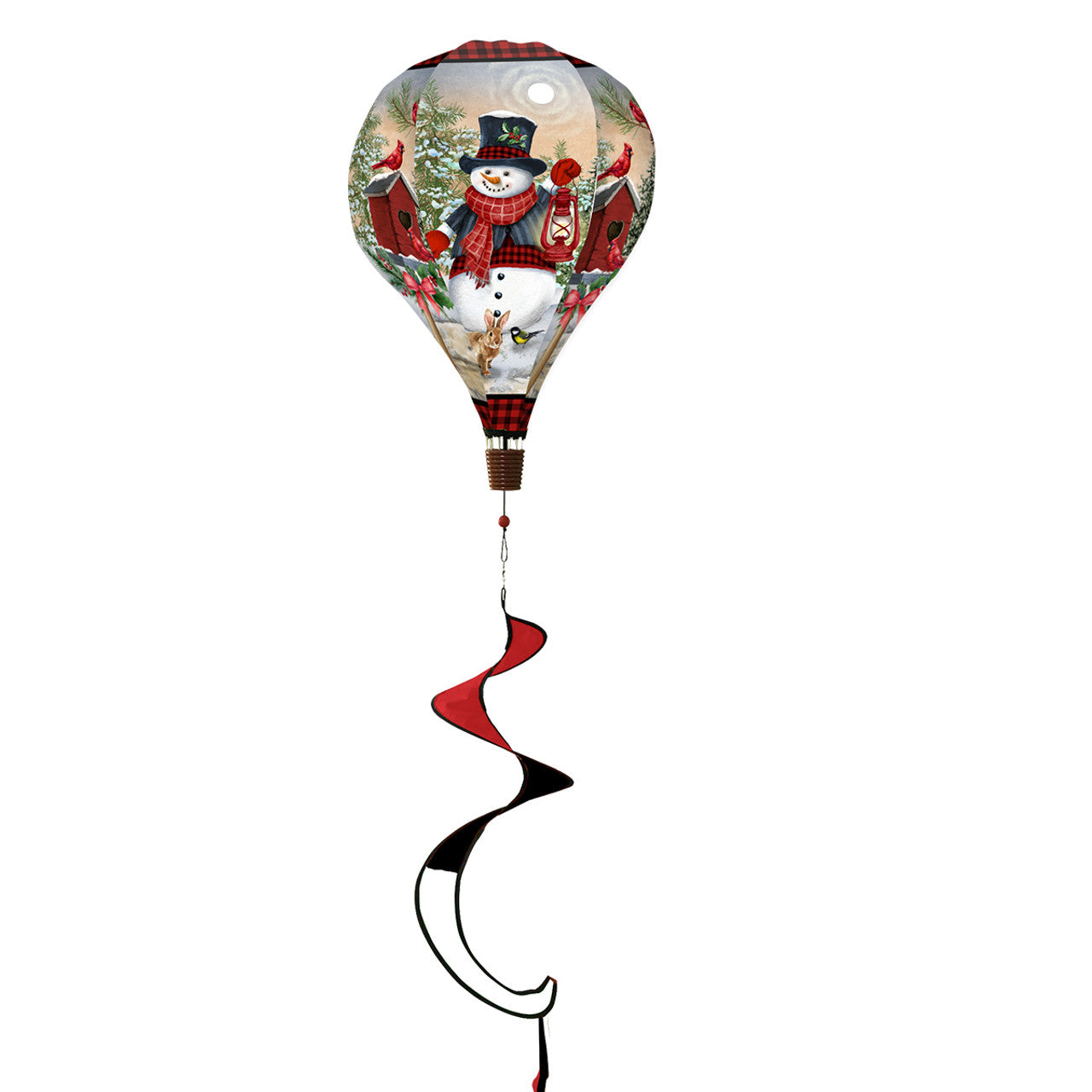 Hot air balloon spinner with smiling snowman and forest animals, crafted from weather-resistant polyester for festive, breezy winter outdoor garden décor.