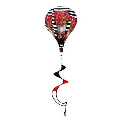 Floral hot air balloon spinner with red geraniums, striped design, and weather-resistant polyester for bright, spinning outdoor spring and summer décor.