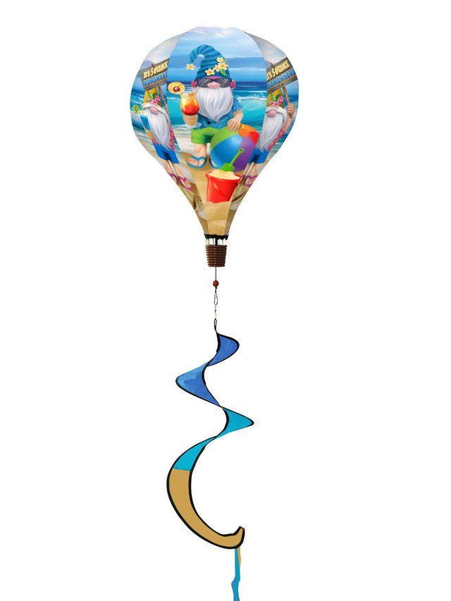 Hot air balloon spinner with tropical summer gnomes, beach elements, and weather-resistant polyester for vibrant, breezy outdoor summer garden décor.
