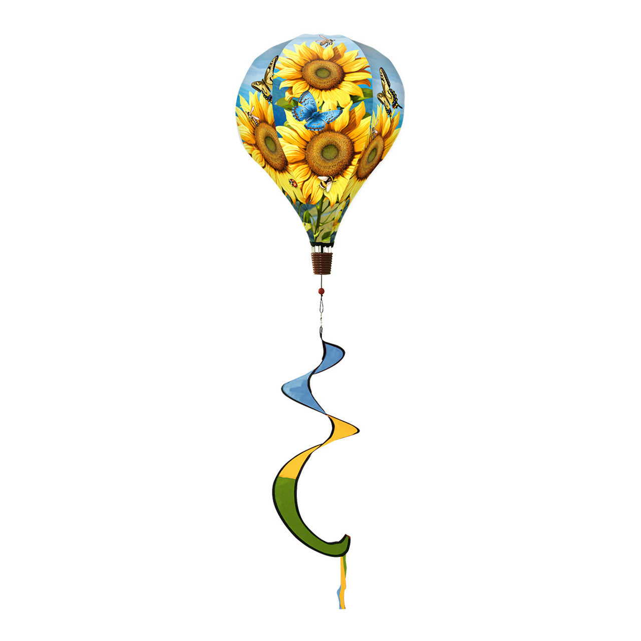 Sunflower hot air balloon spinner with bright yellow blooms, durable polyester, and smooth motion for radiant, garden-inspired outdoor decoration.