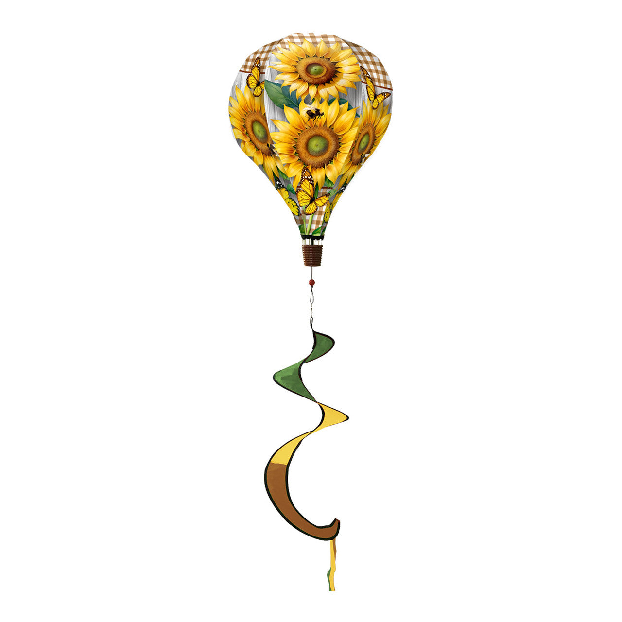 Double sunflower hot air balloon spinner with bright yellow blooms, durable polyester, and breezy motion for vibrant, garden-inspired outdoor décor.