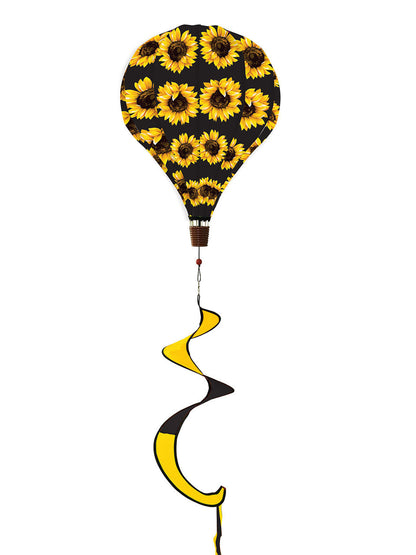 Sunflower-themed hot air balloon spinner with bright yellow petals, weather-resistant fabric, and flowing tail for cheerful outdoor seasonal decoration.
