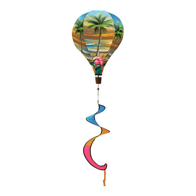 Hot air balloon spinner with glowing sunset design, island palms, and durable spinning tail for colorful tropical-inspired outdoor garden or patio décor.