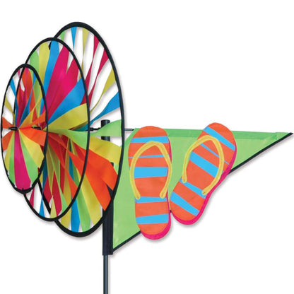 Flip Flops spinner with playful stitched applique and three counter-rotating wheels—durable outdoor décor that celebrates summer fun and relaxation.
