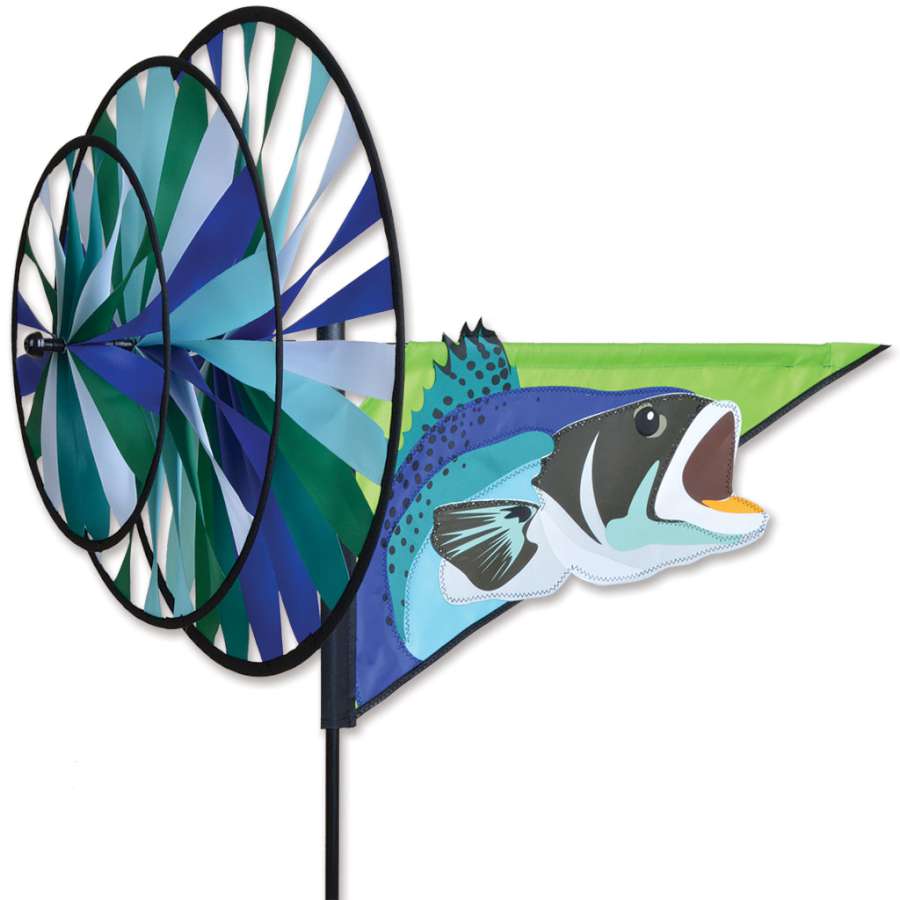 Game Fish spinner with stitched applique design and three layered wheels—durable, motion-filled outdoor décor celebrating fishing and aquatic life.