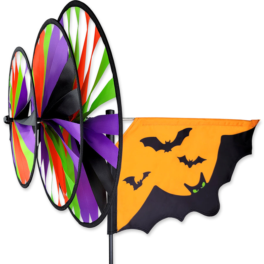 Halloween Bats spinner with stitched applique design and three layered wheels—durable outdoor decoration for festive motion and holiday charm.