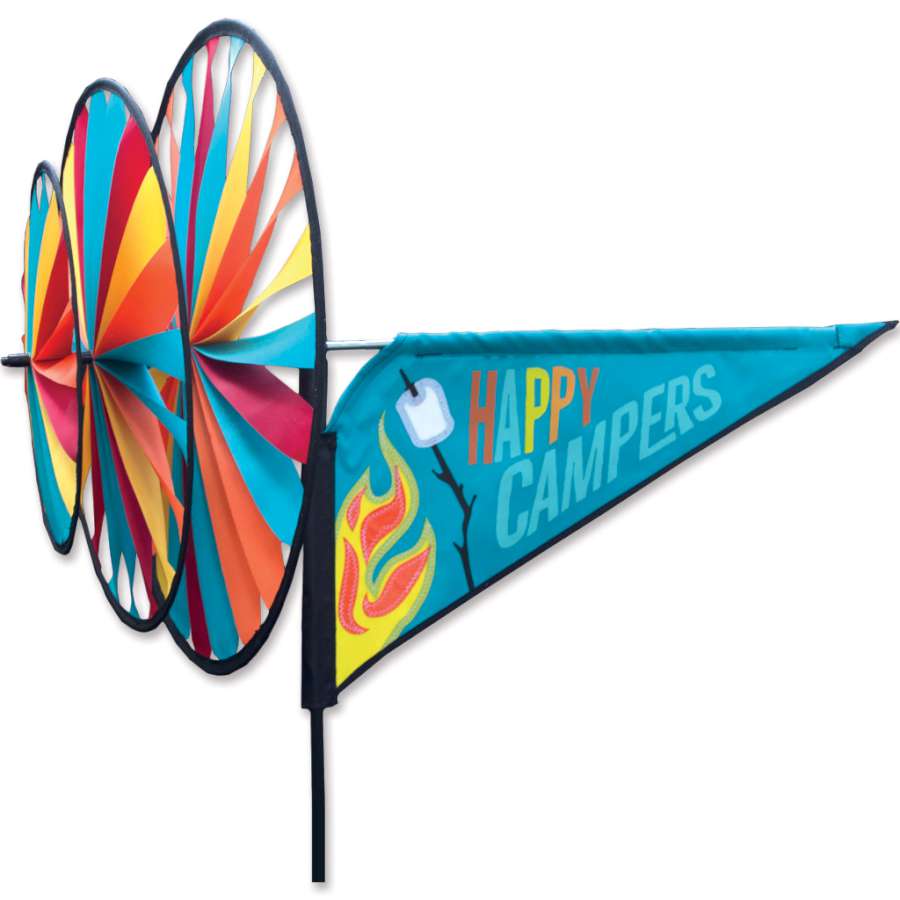 Happy Campers spinner with stitched applique design and three layered wheels—durable, motion-filled décor celebrating fun and outdoor adventure.