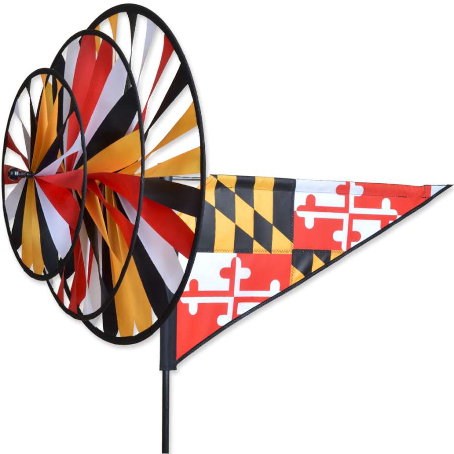 Maryland triple spinner with bold flag applique, fade-resistant SunTex™ fabric, and three counter-rotating wheels—perfect for vibrant, state-inspired outdoor décor.