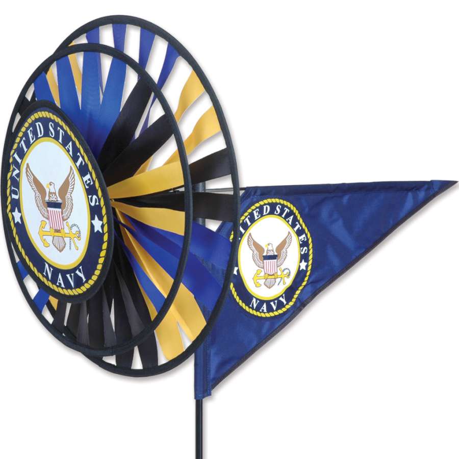 Navy spinner with stitched applique emblem and three layered wheels—durable, motion-filled outdoor décor celebrating honor and naval pride.