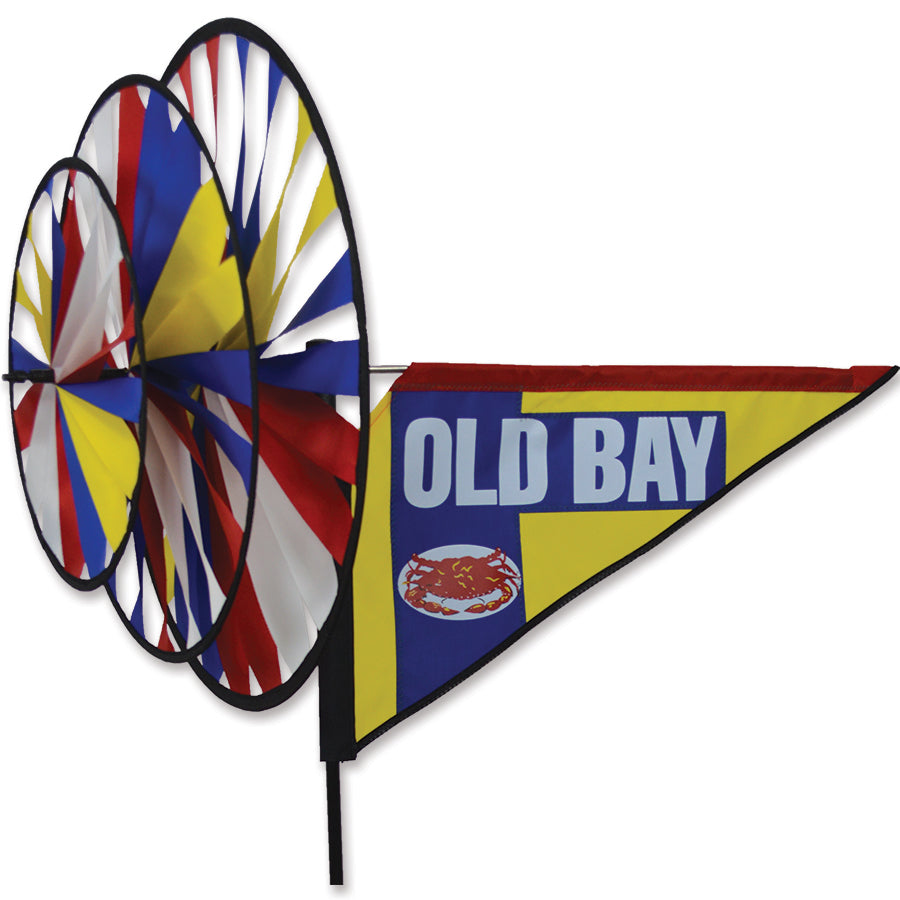 Old Bay spinner with vibrant stitched panels and three counter-rotating wheels—durable, motion-filled décor inspired by crab feasts and coastal living.
