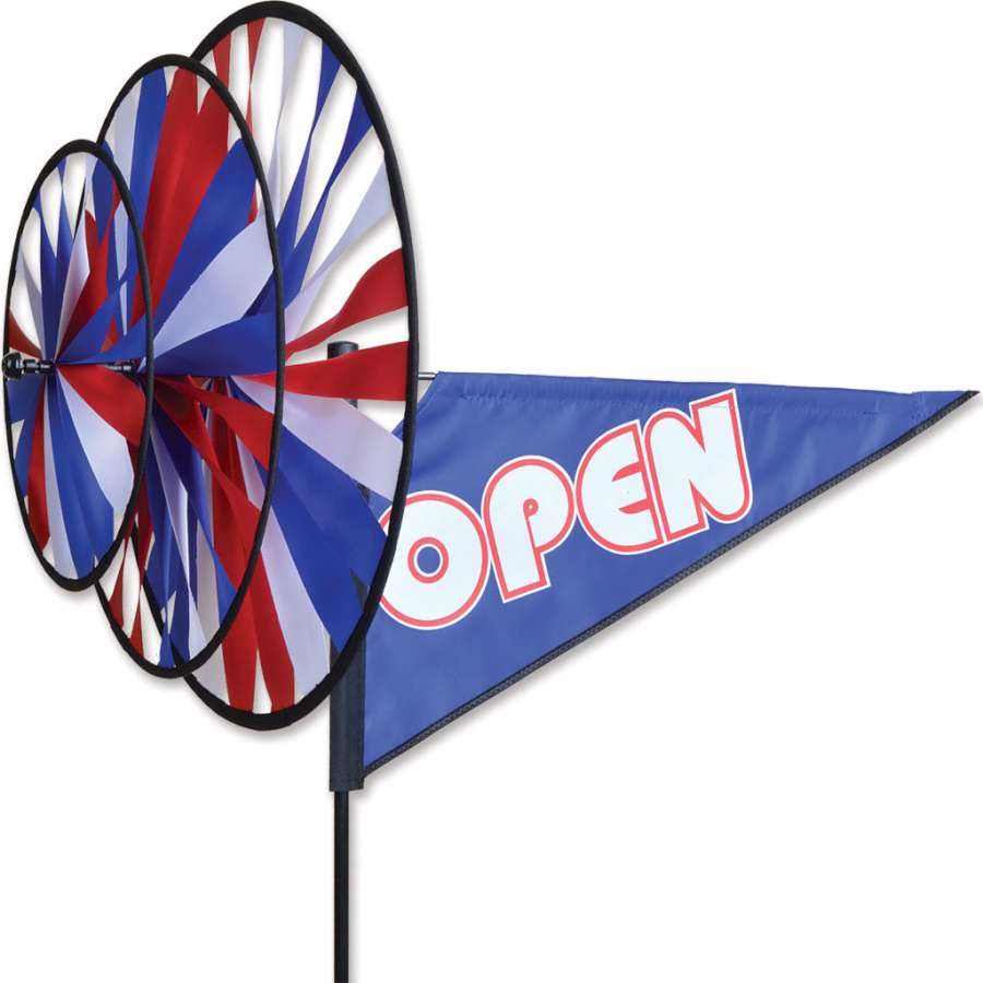 Open spinner with bold stitched lettering and three counter-rotating wheels—durable, motion-filled outdoor décor for commercial and decorative use.