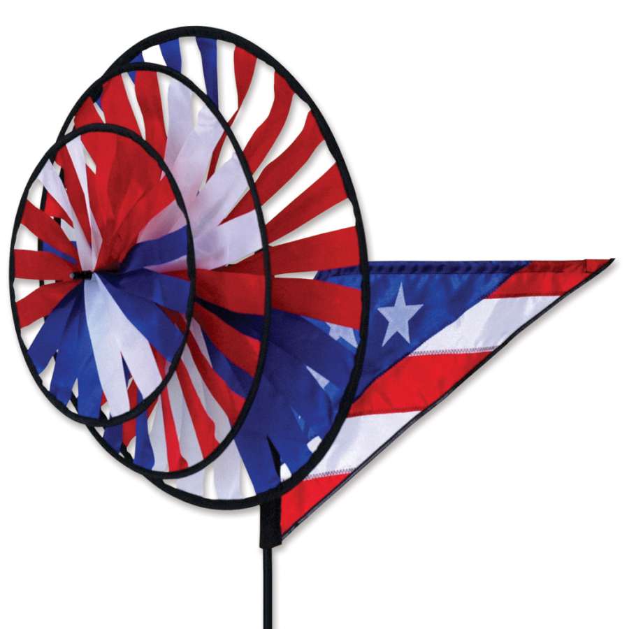 Patriotic spinner with stitched stars and stripes, durable fabric, and dazzling triple-wheel motion—ideal for celebrating American pride year-round.
