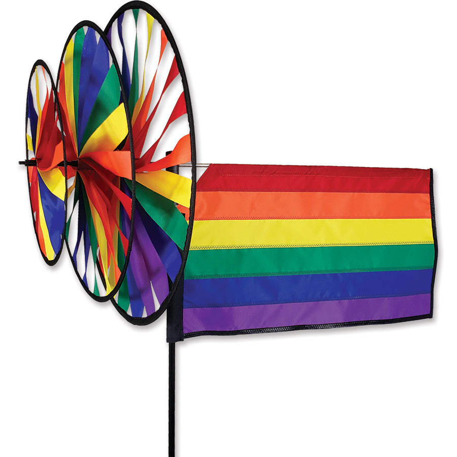 Rainbow Flag spinner with bold stitched applique and layered spinning wheels—built for vibrant motion and durable, year-round outdoor display.
