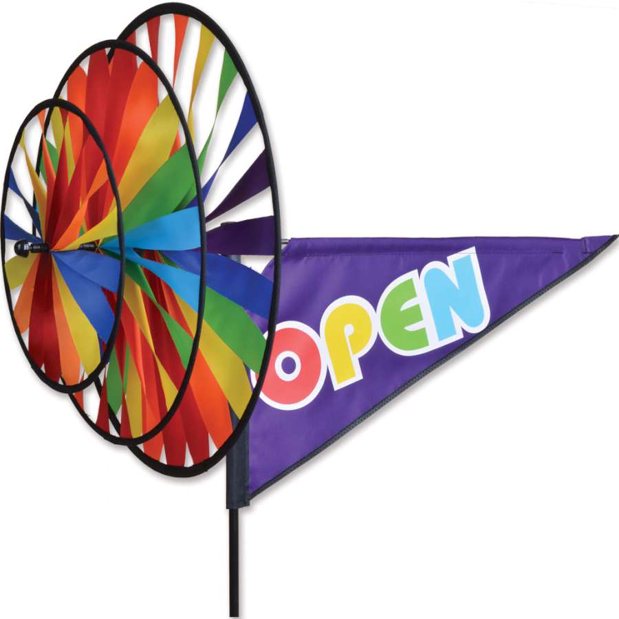 Rainbow Open spinner with stitched applique lettering and three counter-rotating wheels—built for motion, durability, and vibrant outdoor visibility.