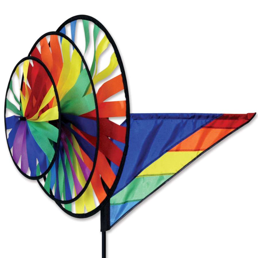 Rainbow spinner with vibrant stitched stripes and three dazzling wheels—crafted for long-lasting motion and vivid outdoor display.