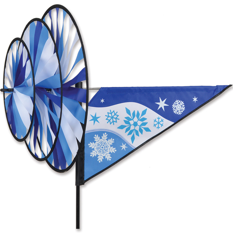 Snowflake spinner with icy applique detail and three counter-rotating wheels—durable, wintry garden decoration for seasonal charm and movement.