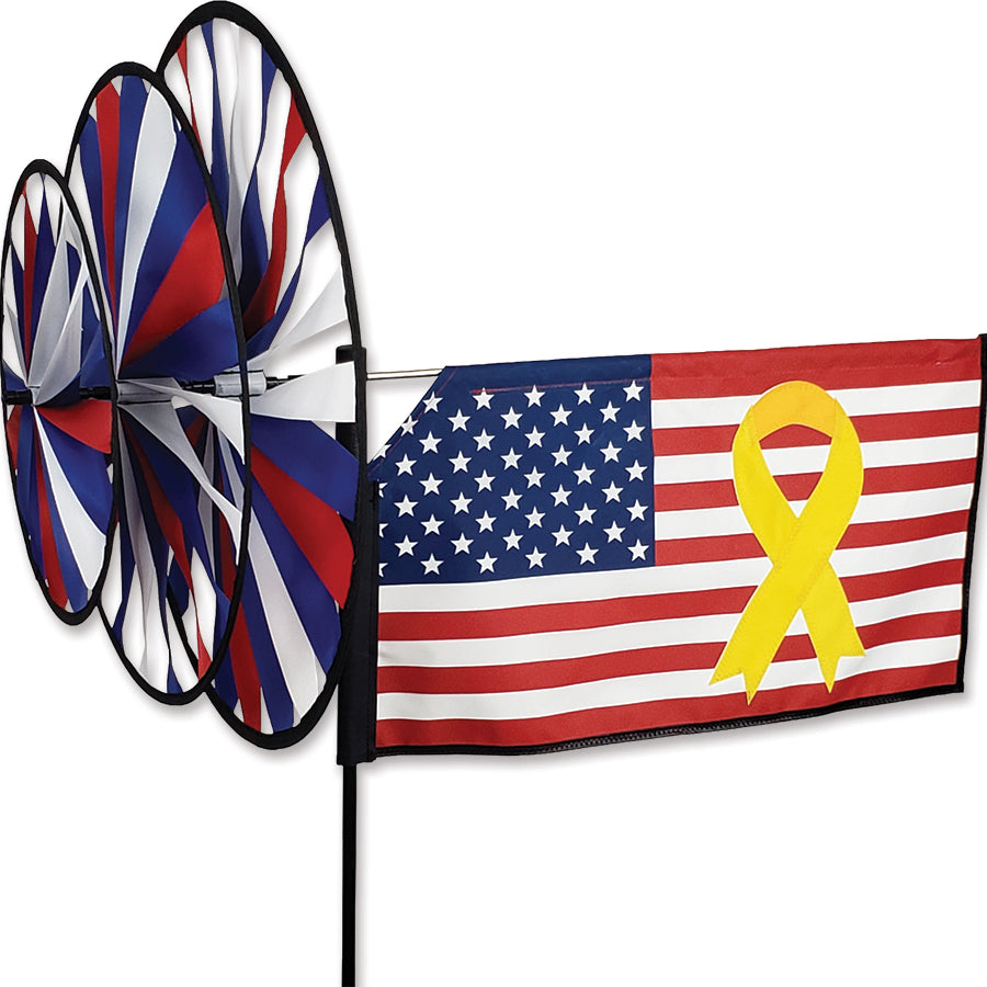 Yellow ribbon triple spinner with bright applique and layered motion—built from SunTex™ fabric for year-round outdoor display and meaningful garden décor.