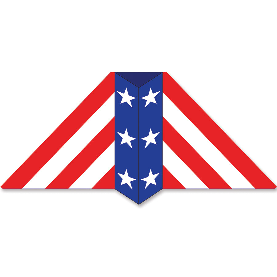 Patriotic tunnel delta kite with bold stars and stripes, built from Excel carbon tubes and ripstop polyester for stable high-lift flight in light wind.