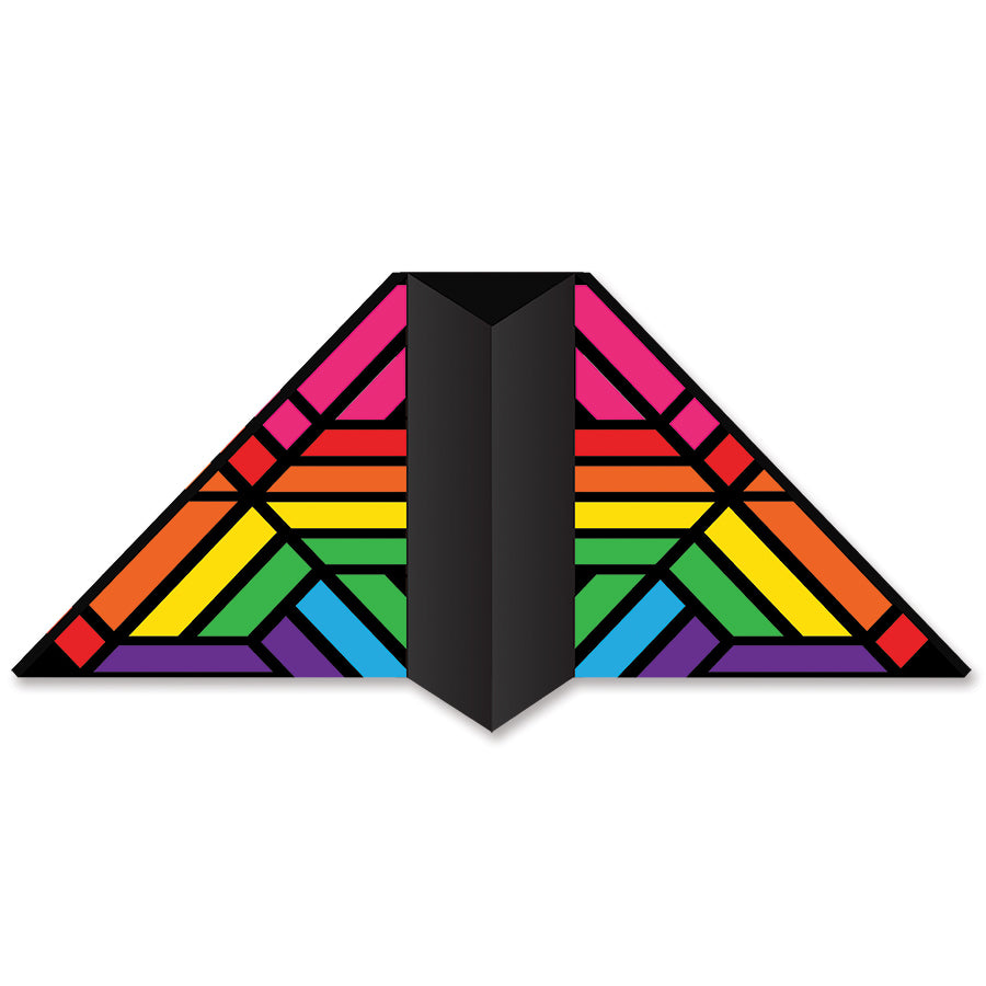 Stained glass style tunnel delta kite with 187 in. wingspan and carbon tube frame, built to lift line decor in light wind with high color visibility.