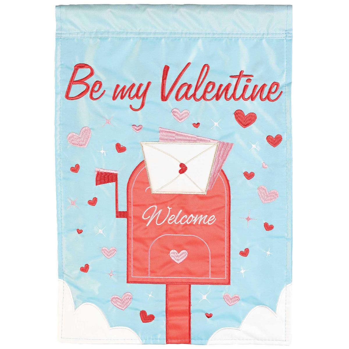 Welcome Hearts 13x18 double-sided garden flag with fabric appliques and embroidery, crafted from weatherproof polyester for outdoor display.