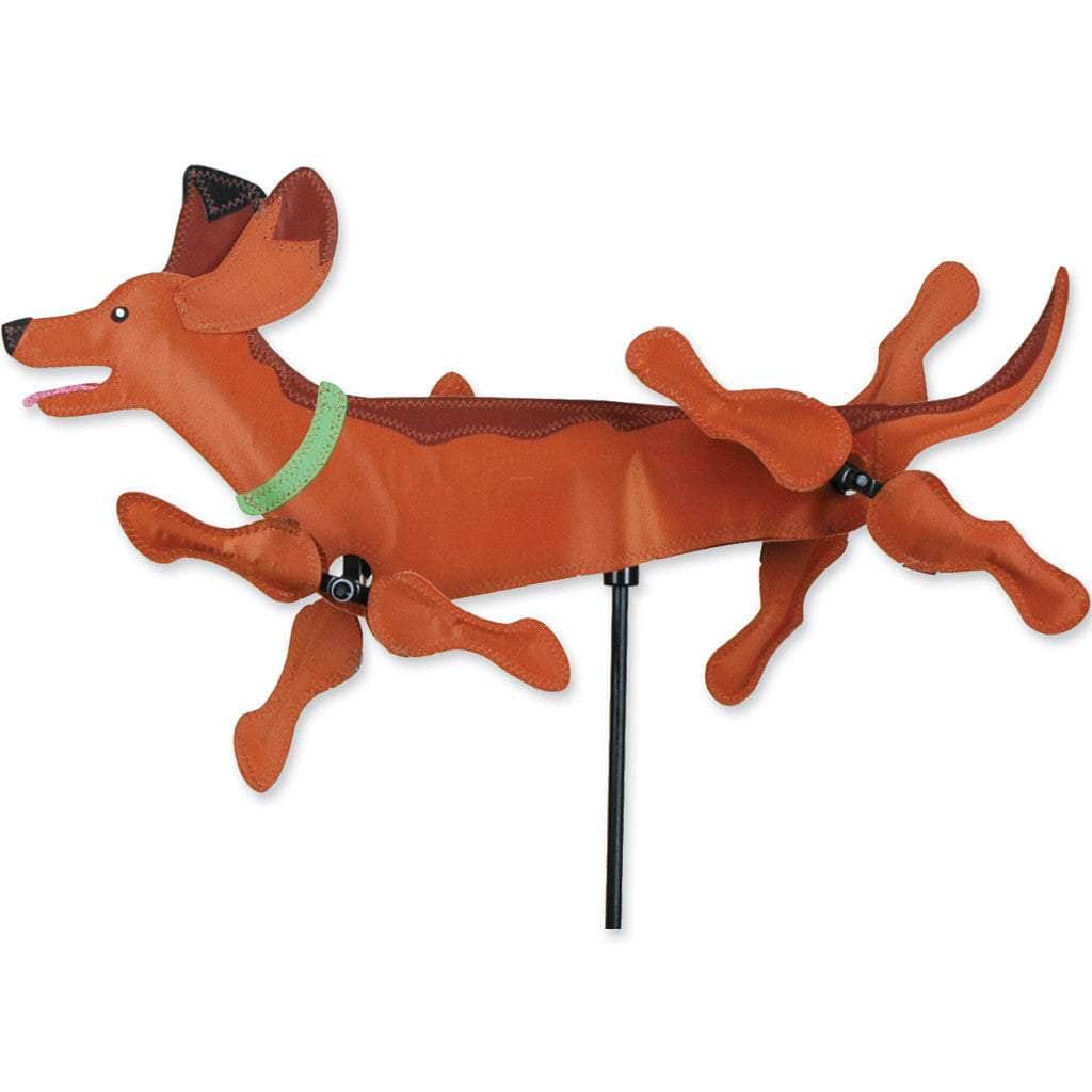 Dachshund spinner with two rotating wheels and stitched fabric detail—adds lively dog-themed motion to yards, gardens, and patios.