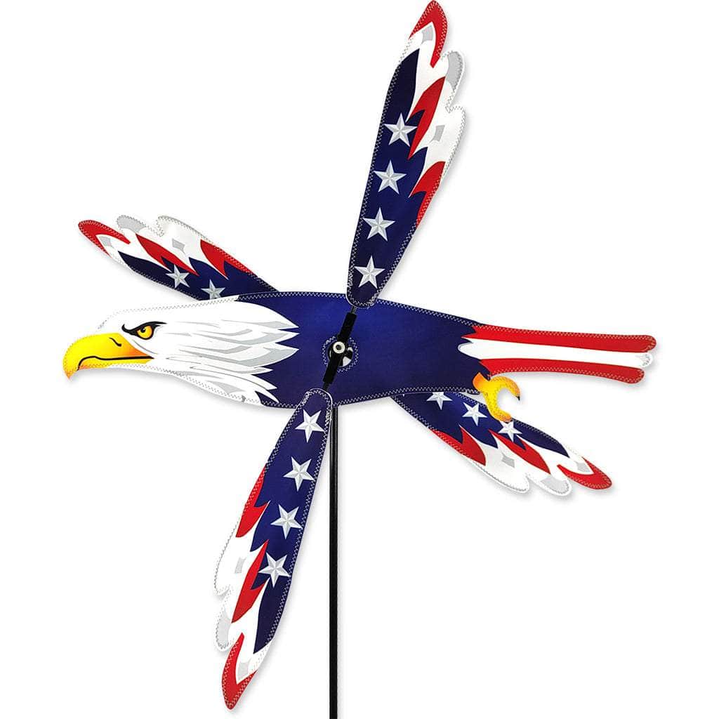 Patriotic eagle spinner with 27-inch wing and red, white, and blue applique—perfect for spirited motion in garden or yard setups.