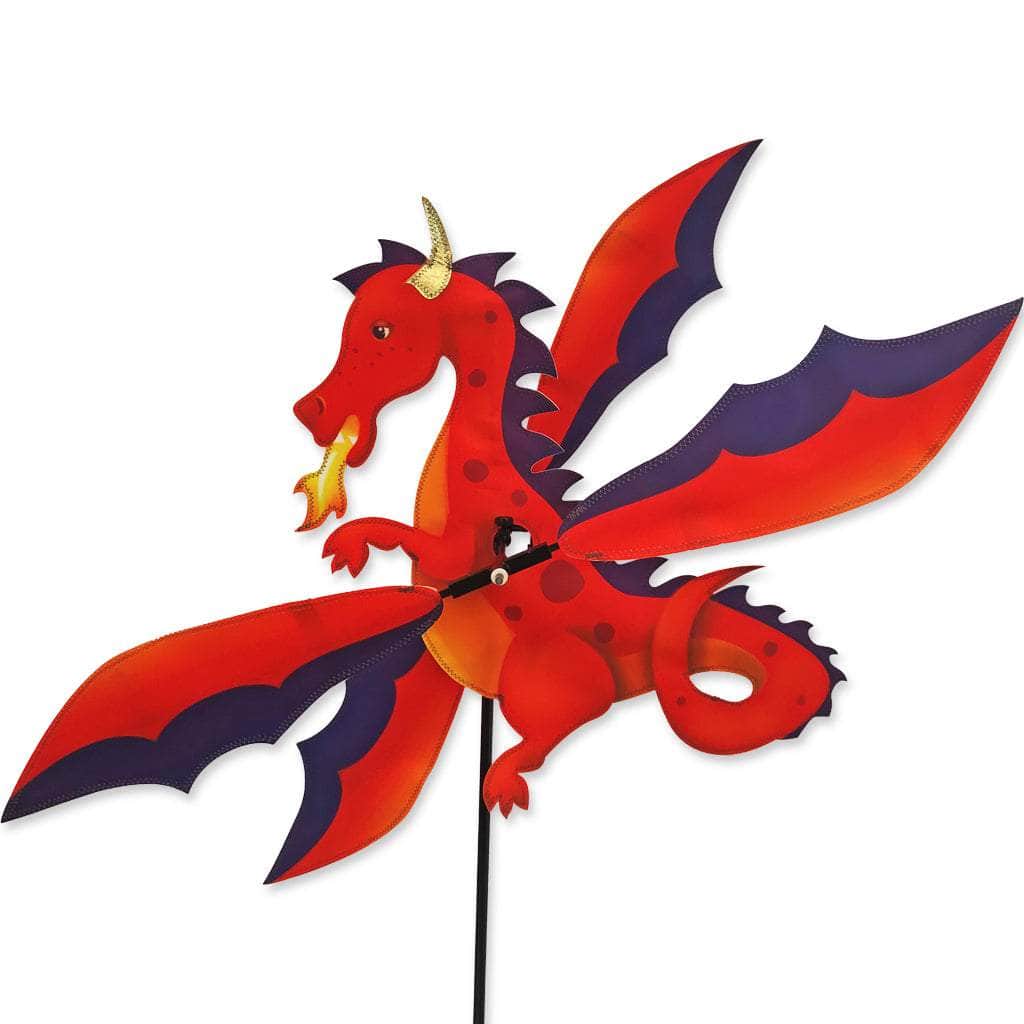 Red dragon spinner with layered fabric, 30-inch wings, and whimsical motion—ideal for fun, fantasy-themed garden displays.